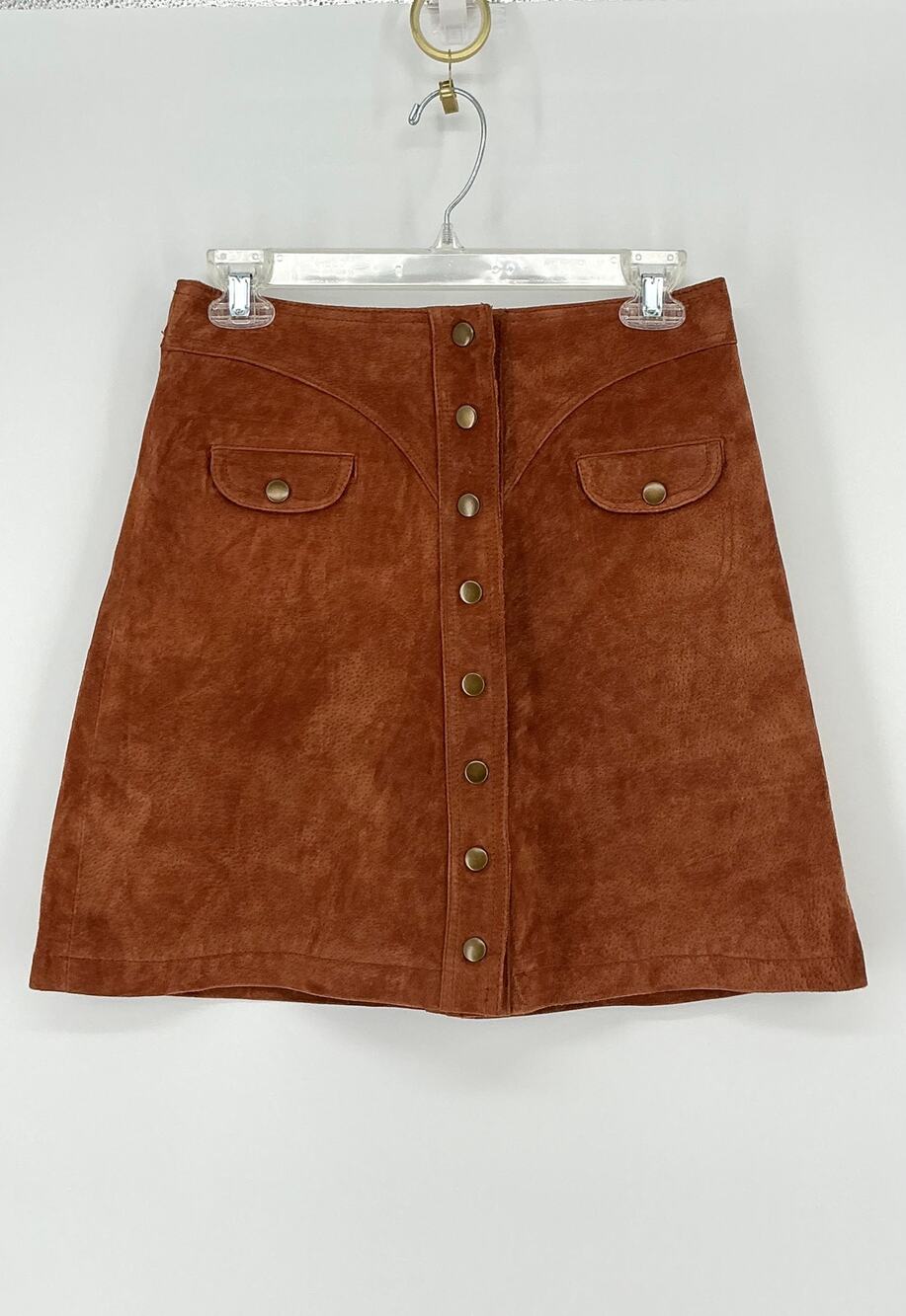 Anthropologie Genuine Leather Suede Button Front Mini Skirt Brown Size 4 NWT